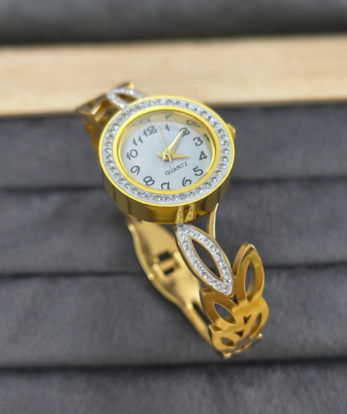 Anti Tarnish Leafy Design Bracelet Wrist Watch 18K Gold Plated