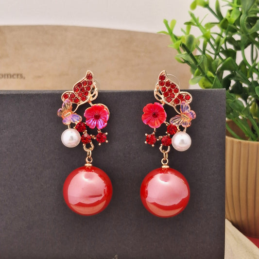 Enchanting Red Floral & Pearl Drop Earrings - Kaanke