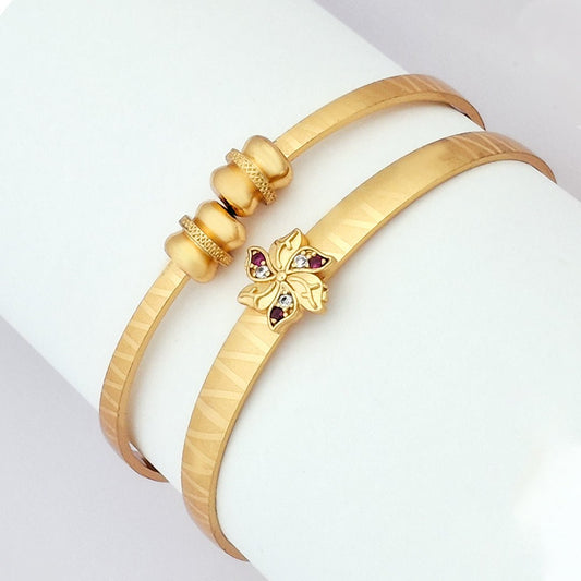Floral Charm | Set Of 2 | 18k Gold Plated Adjustable Bracelet Bangles - Kaanke