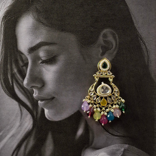 Multicolor Kundan Chandbali Earrings - Kaanke