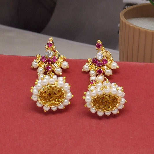 Traditional Moti Gold Jhumka Earrings