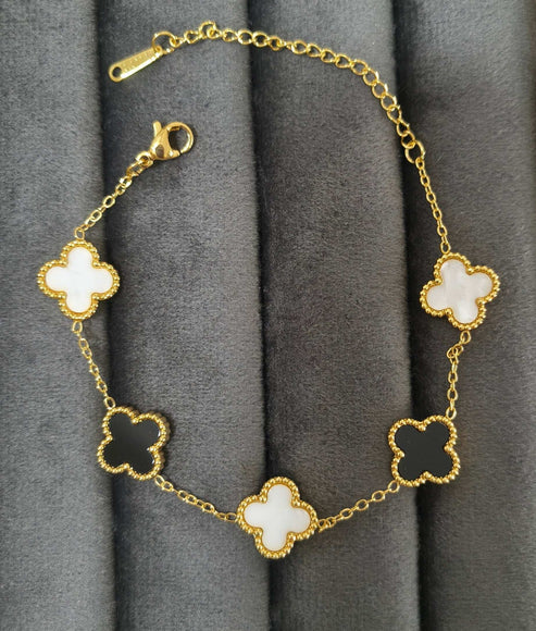 Antitarnish Reversible Black and White Clover Chain Bracelet