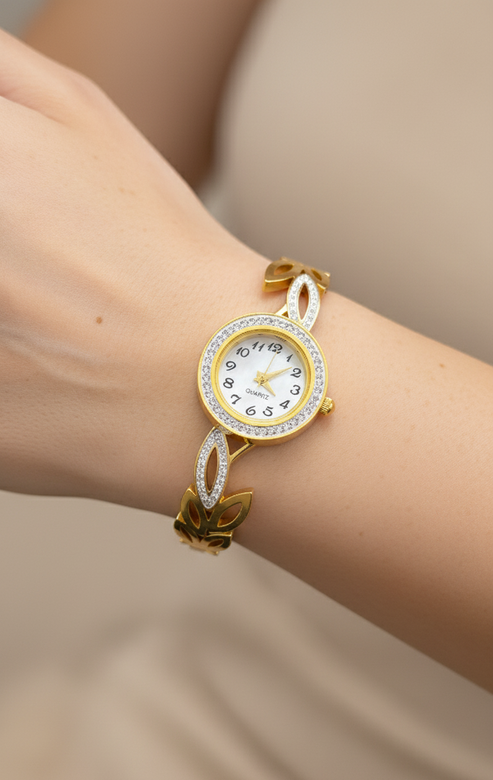 Anti Tarnish Leafy Design Bracelet Wrist Watch 18K Gold Plated