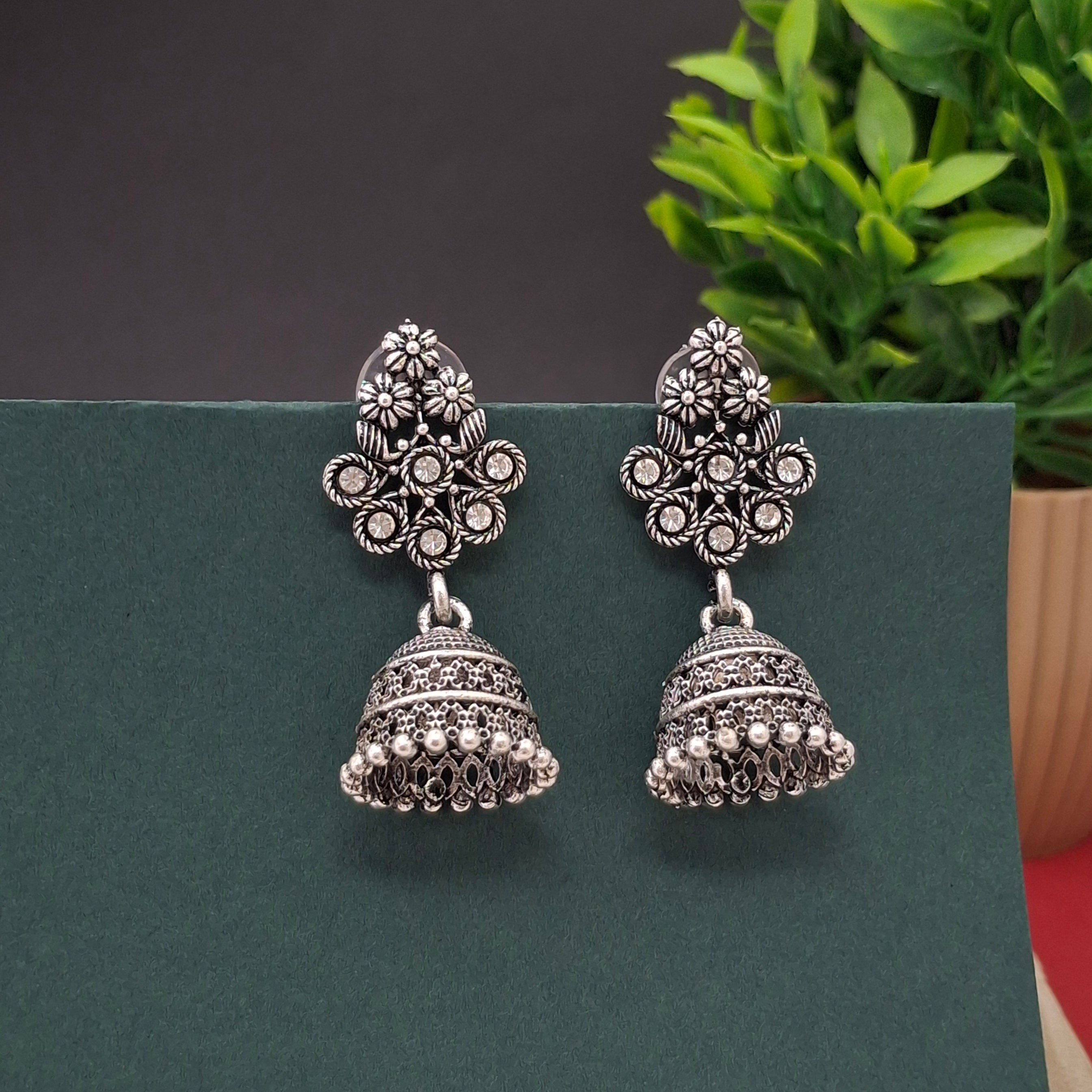 Antique Oxidized Floral Jhumkas - Kaanke