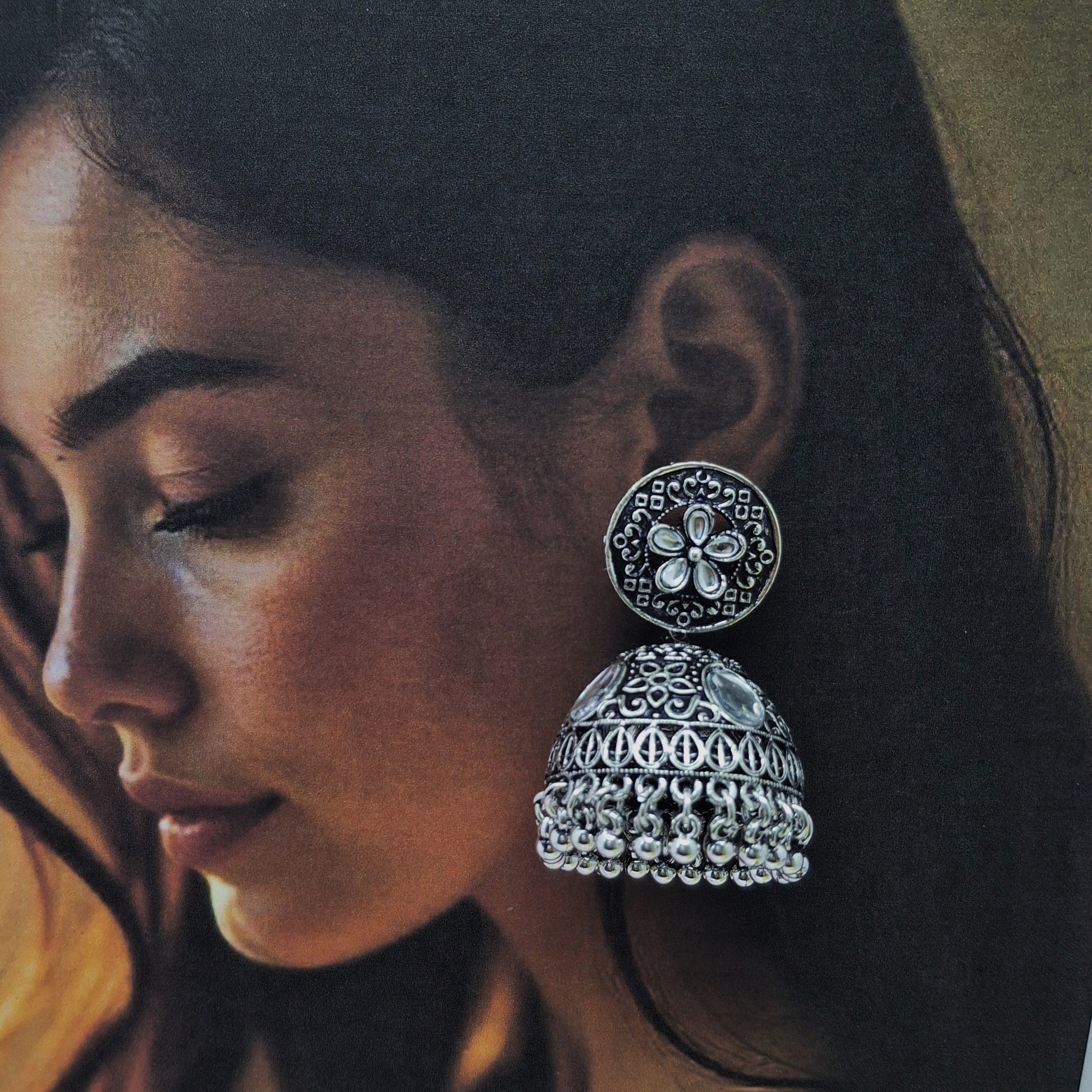 BIG Regal Kundan Oxidized Jhumka - Kaanke