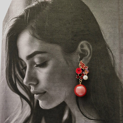 Enchanting Red Floral & Pearl Drop Earrings - Kaanke