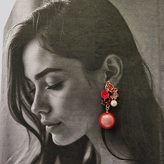 Enchanting Red Floral & Pearl Drop Earrings - Kaanke