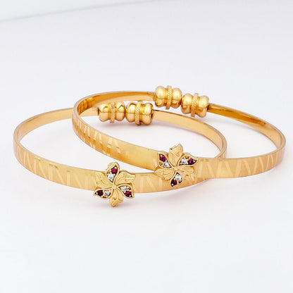 Floral Charm | Set Of 2 | 18k Gold Plated Adjustable Bracelet Bangles - Kaanke