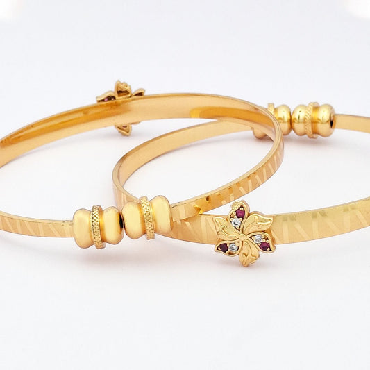 Floral Charm | Set Of 2 | 18k Gold Plated Adjustable Bracelet Bangles - Kaanke