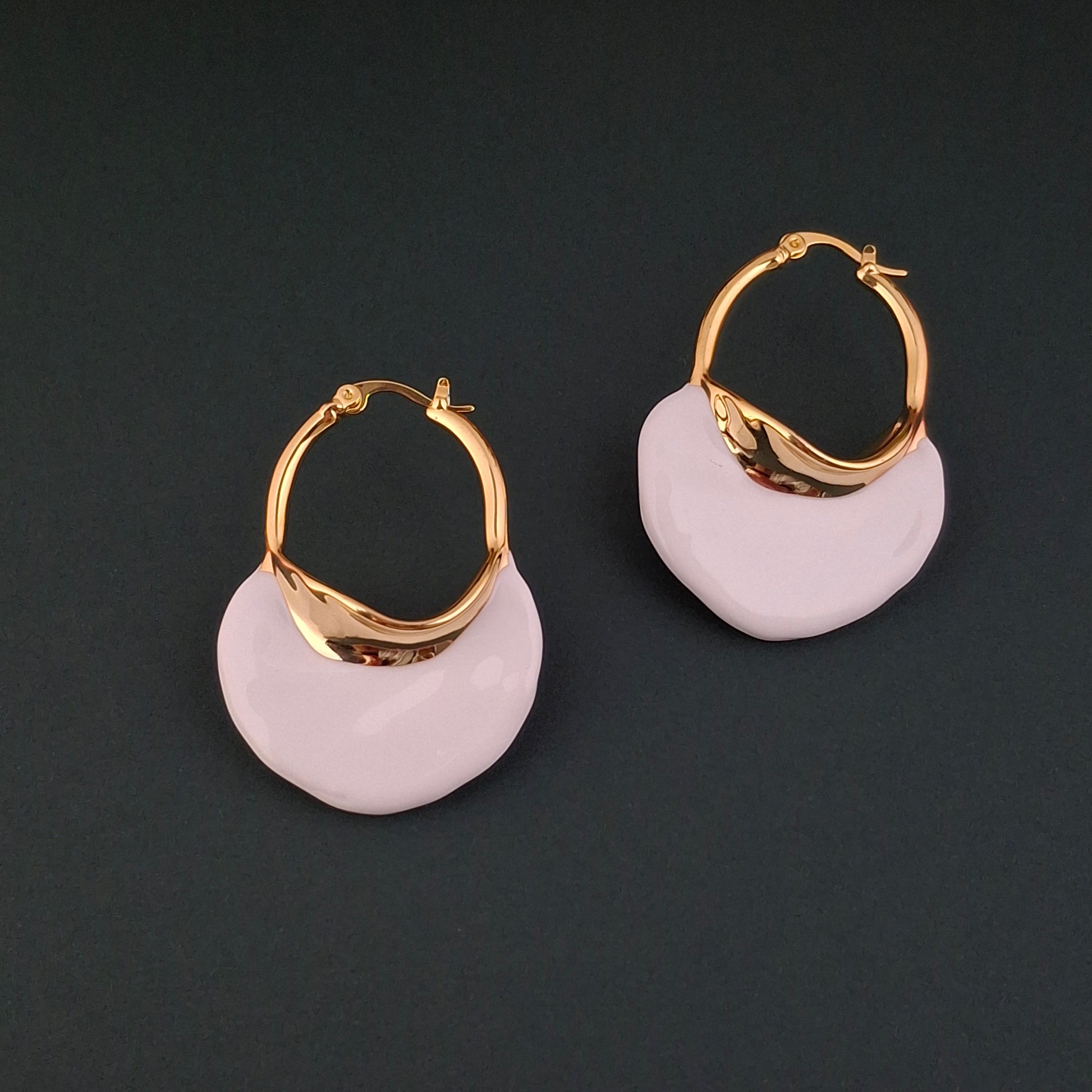 Gold & White Enamel Hoop Earrings - Kaanke