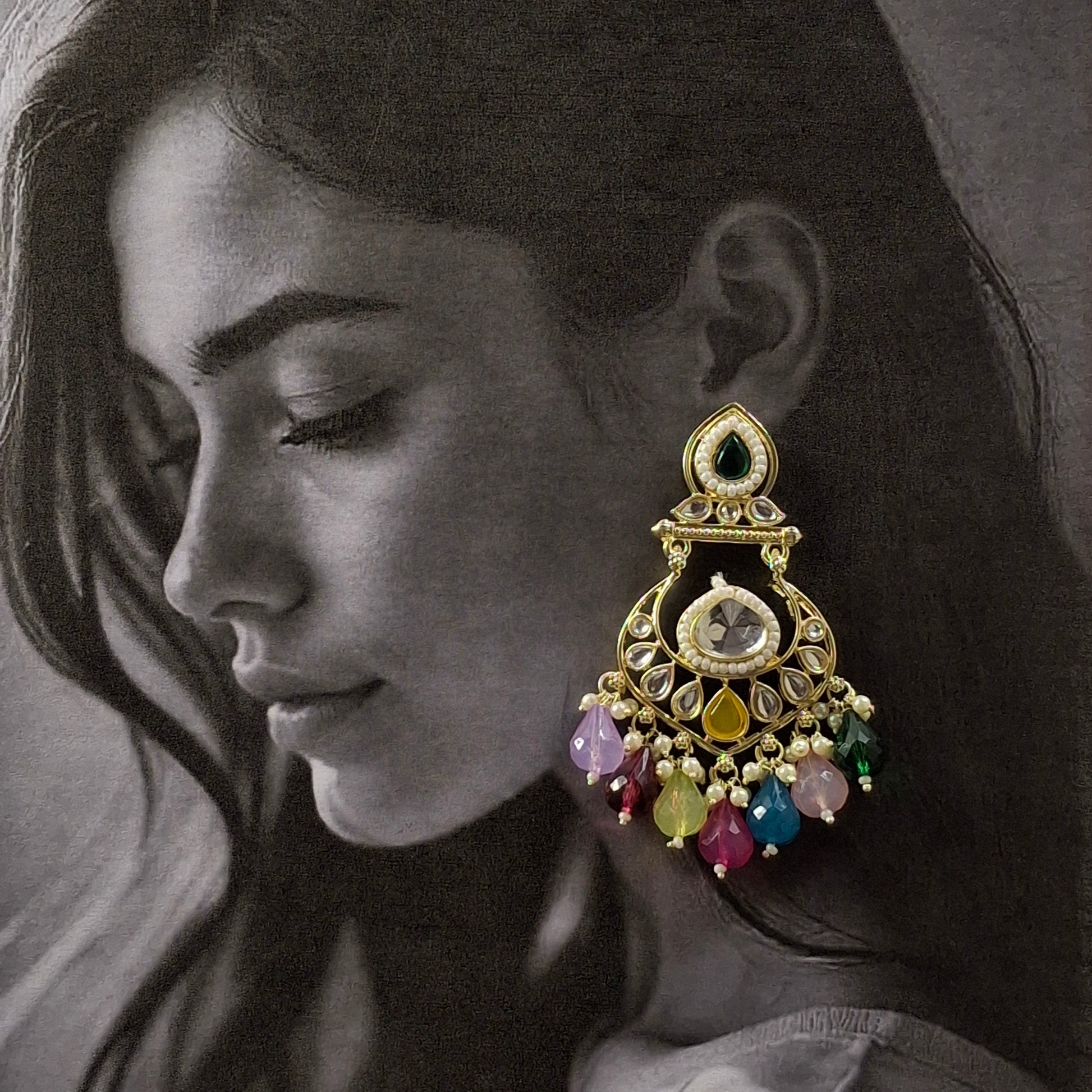 Multicolor Kundan Chandbali Earrings - Kaanke