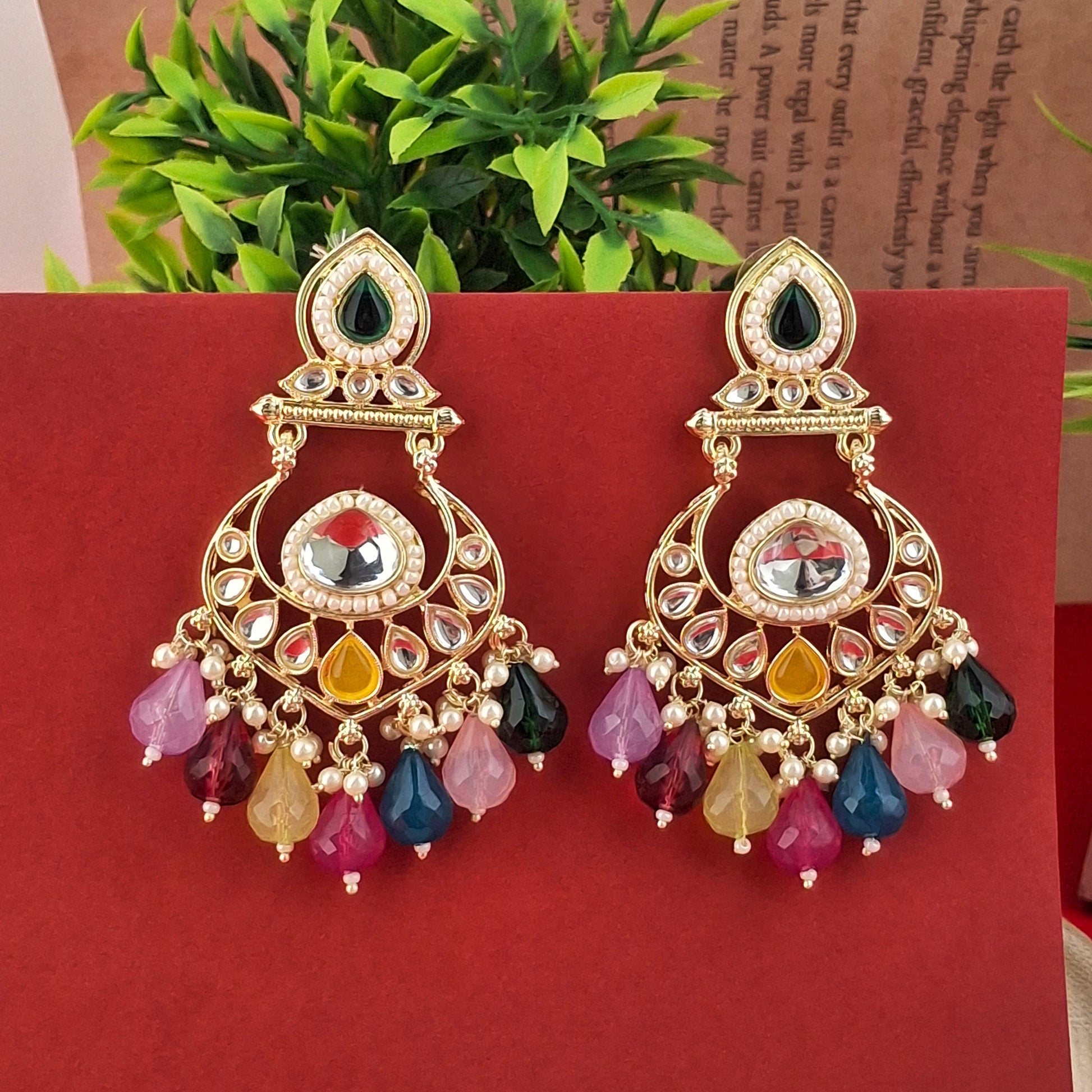 Multicolor Kundan Chandbali Earrings - Kaanke