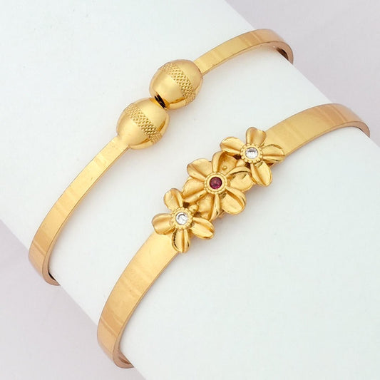 Triple Floral | Set Of 2 | 18k Gold Plated Adjustable Bracelet Bangles - Kaanke
